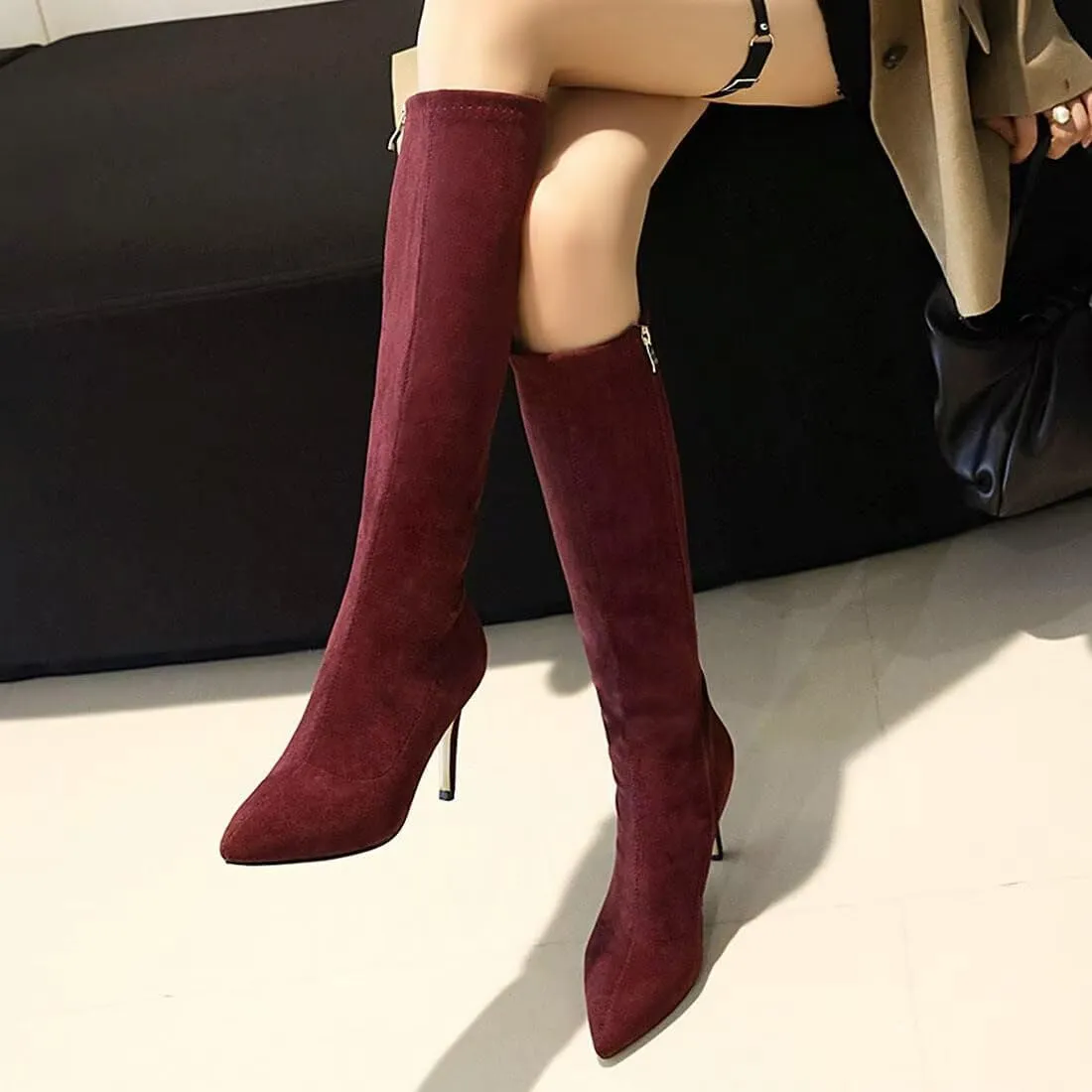 Agodor Women's Stiletto Knee High Boots Pointed Toe High Heel Faux Suede Leather Side Zipper Boots