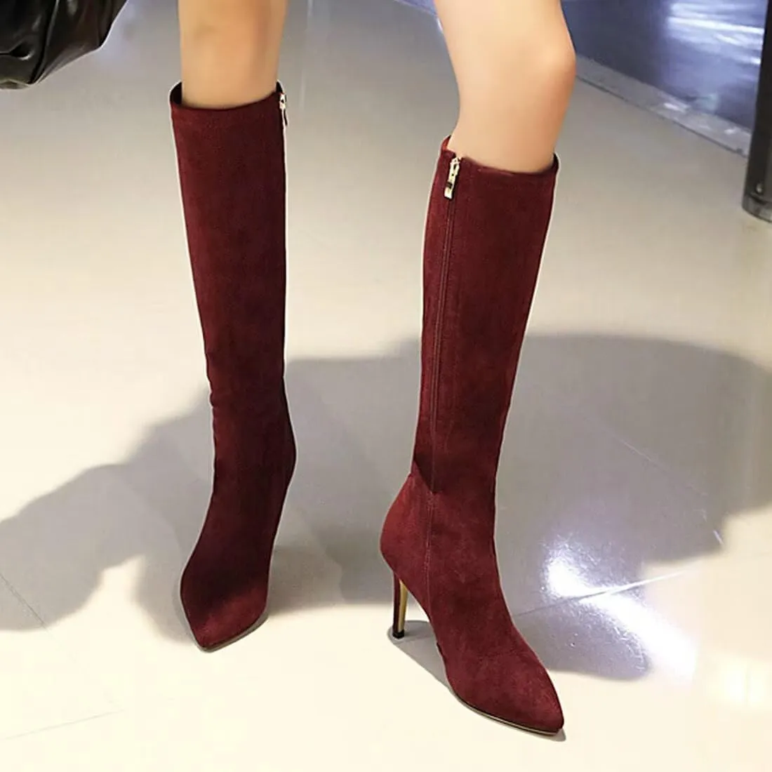 Agodor Women's Stiletto Knee High Boots Pointed Toe High Heel Faux Suede Leather Side Zipper Boots