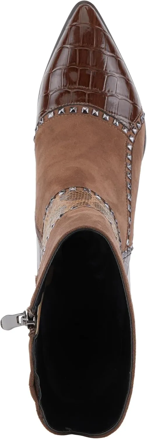 Azura Women's ZAYRINA Mid-Shaft Leather Boots with Animal Print, Stud Details, and Zipper Closure