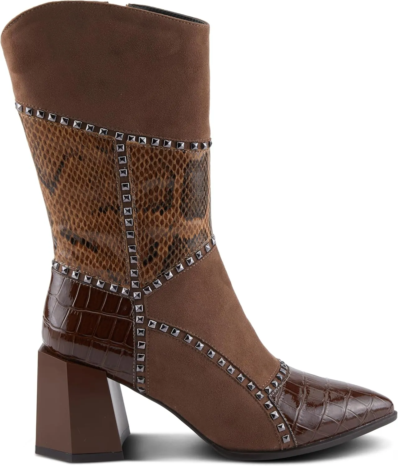 Azura Women's ZAYRINA Mid-Shaft Leather Boots with Animal Print, Stud Details, and Zipper Closure