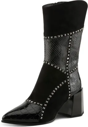 Azura Women's ZAYRINA Mid-Shaft Leather Boots with Animal Print, Stud Details, and Zipper Closure