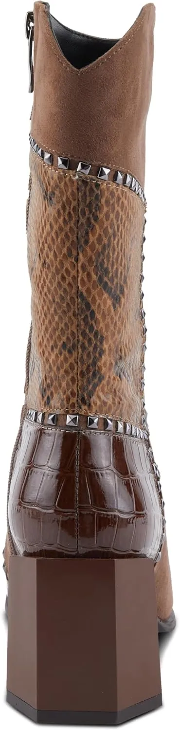 Azura Women's ZAYRINA Mid-Shaft Leather Boots with Animal Print, Stud Details, and Zipper Closure