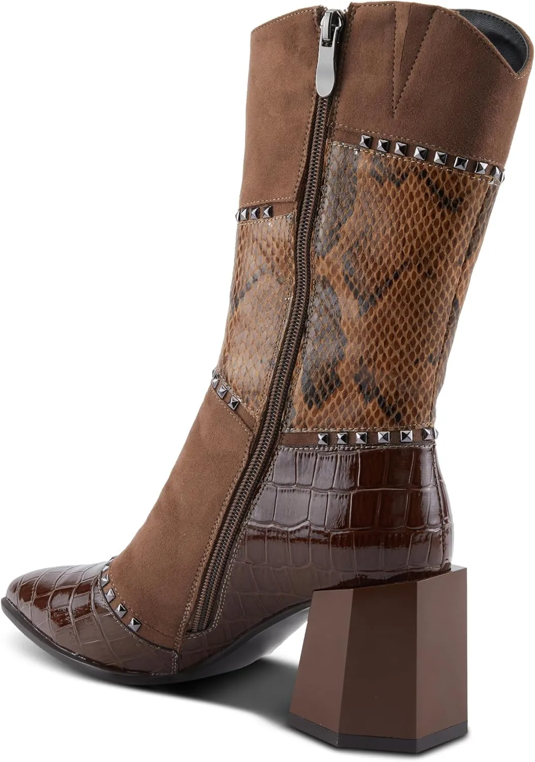 Azura Women's ZAYRINA Mid-Shaft Leather Boots with Animal Print, Stud Details, and Zipper Closure