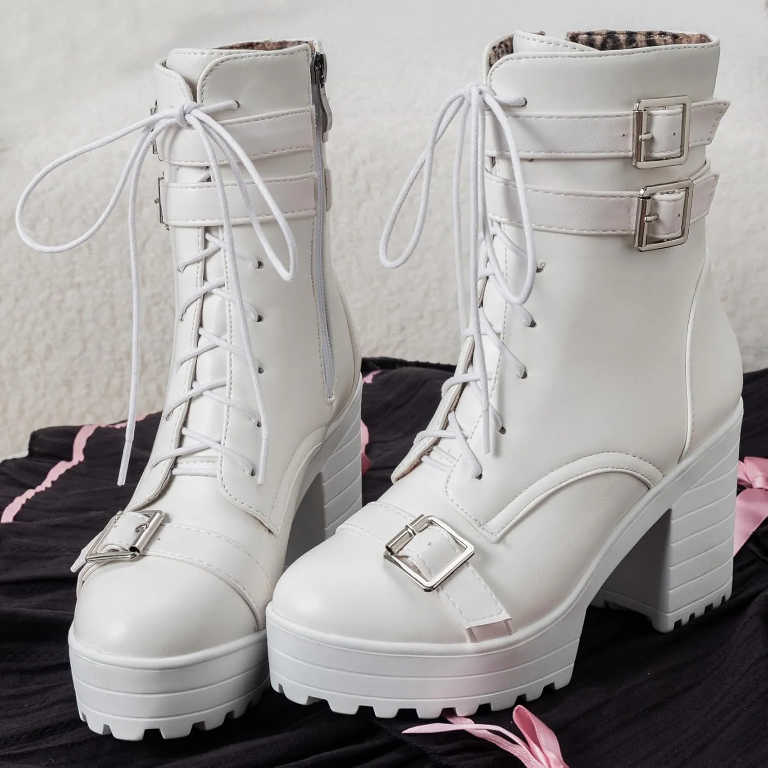 BEAUPAS Women's Gothic Boots Platform Chunky Ankle Boots High Heels Buckle Combat Boots Motorcycle Punk Boots Lace Up Block Heel Booties Round Toe Shoes