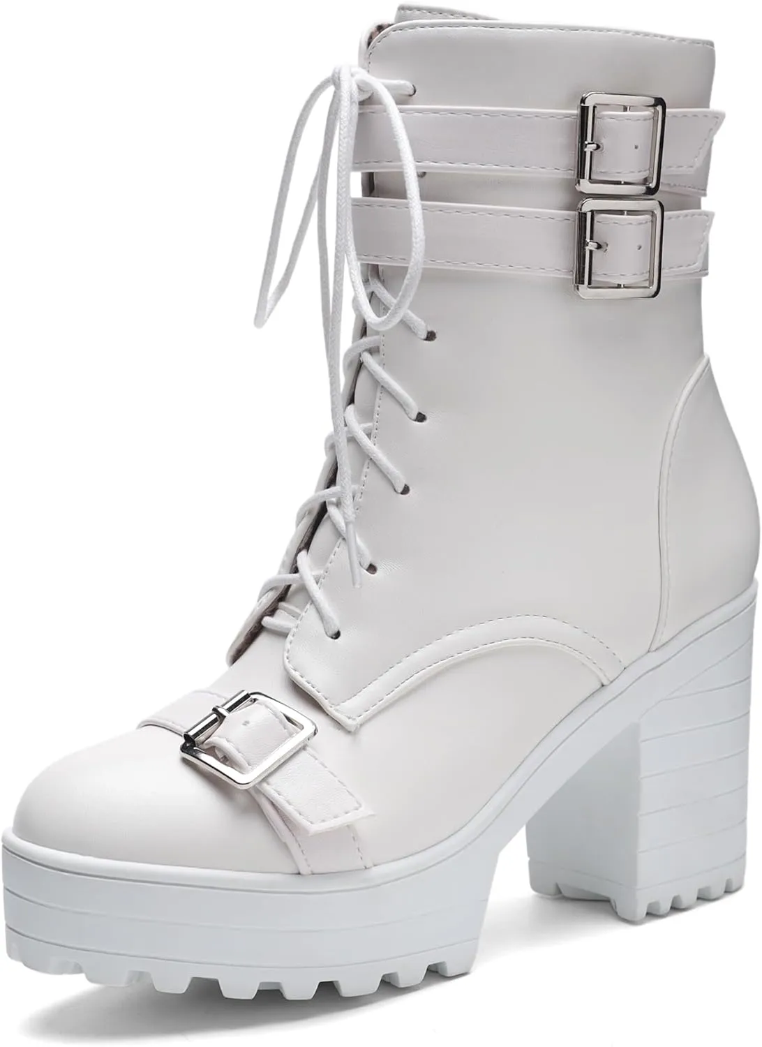 BEAUPAS Women's Gothic Boots Platform Chunky Ankle Boots High Heels Buckle Combat Boots Motorcycle Punk Boots Lace Up Block Heel Booties Round Toe Shoes