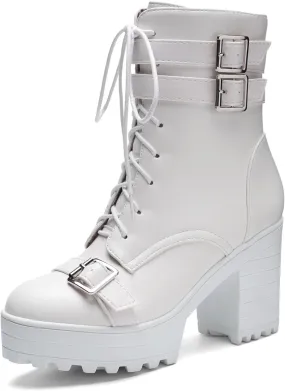 BEAUPAS Women's Gothic Boots Platform Chunky Ankle Boots High Heels Buckle Combat Boots Motorcycle Punk Boots Lace Up Block Heel Booties Round Toe Shoes