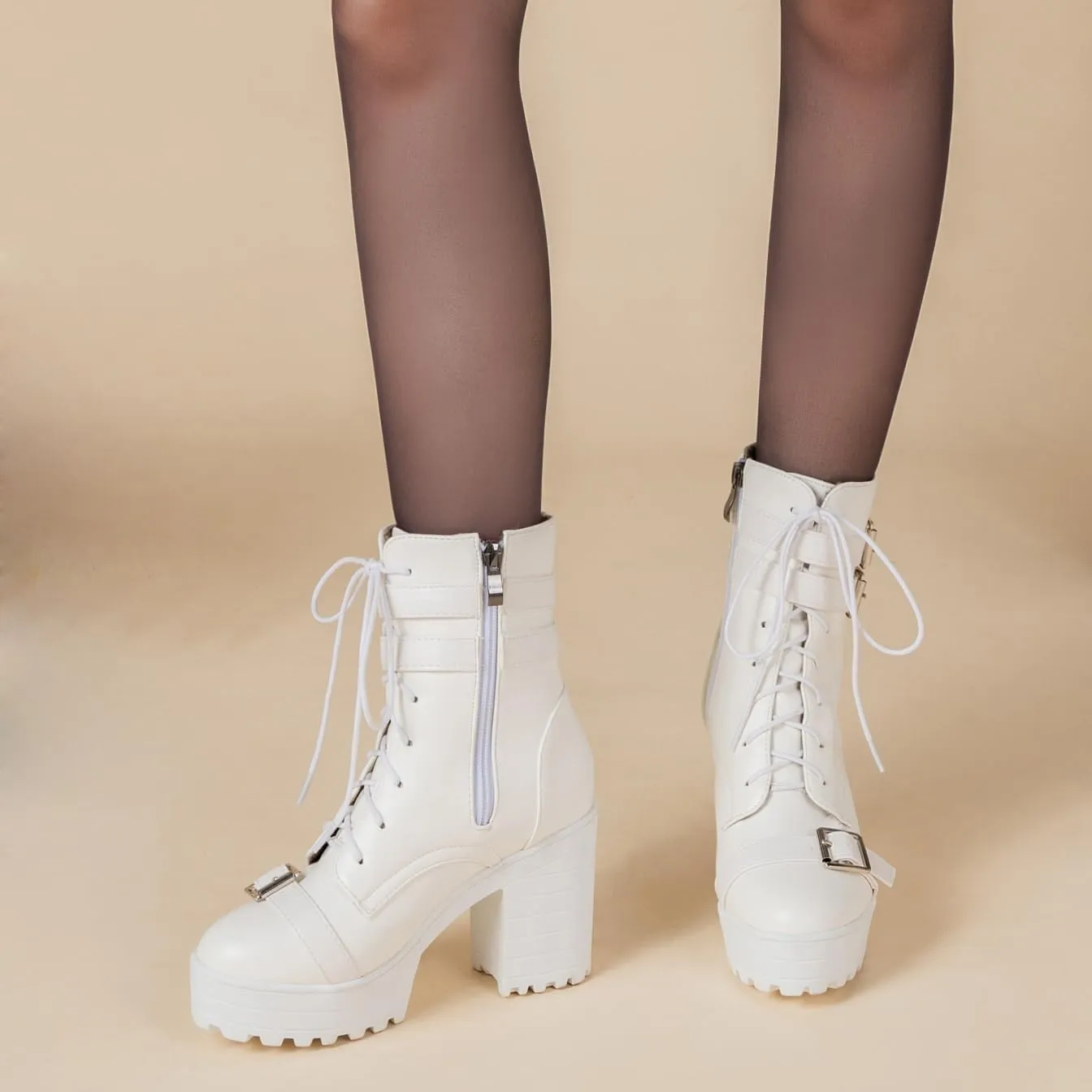 BEAUPAS Women's Gothic Boots Platform Chunky Ankle Boots High Heels Buckle Combat Boots Motorcycle Punk Boots Lace Up Block Heel Booties Round Toe Shoes