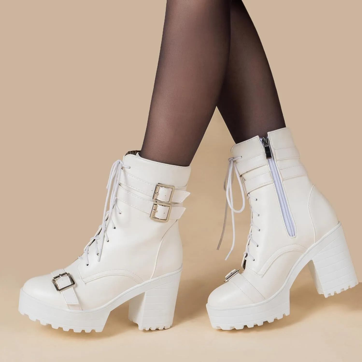 BEAUPAS Women's Gothic Boots Platform Chunky Ankle Boots High Heels Buckle Combat Boots Motorcycle Punk Boots Lace Up Block Heel Booties Round Toe Shoes