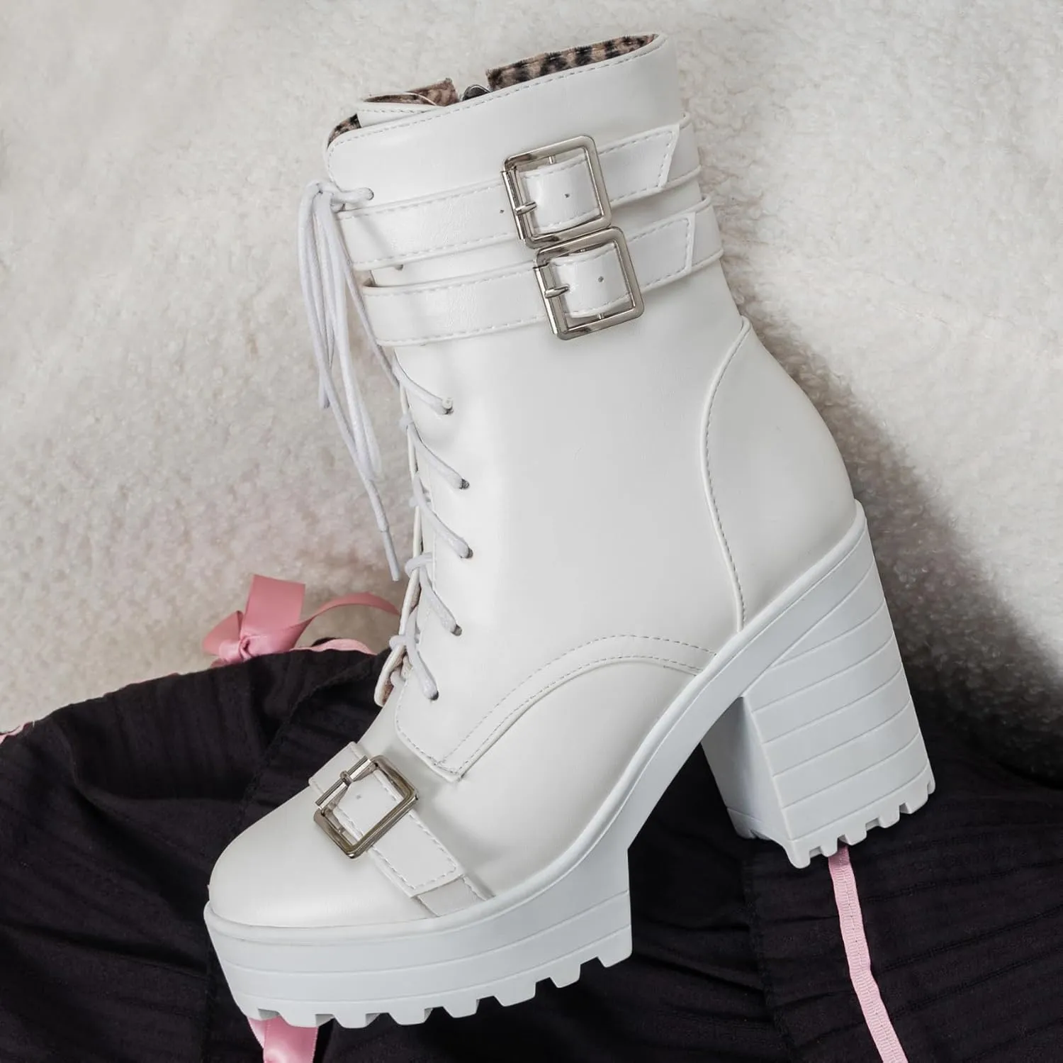 BEAUPAS Women's Gothic Boots Platform Chunky Ankle Boots High Heels Buckle Combat Boots Motorcycle Punk Boots Lace Up Block Heel Booties Round Toe Shoes