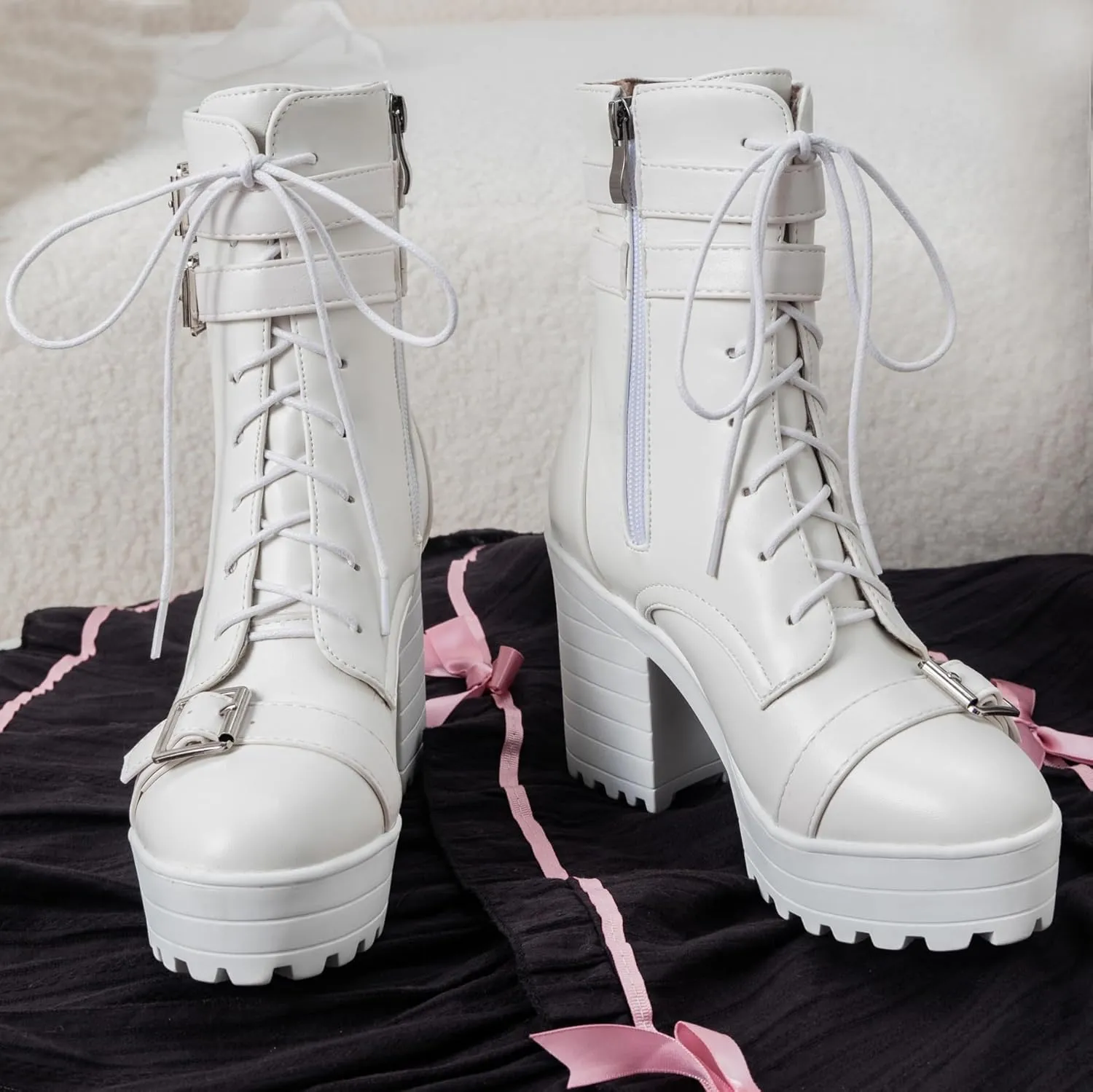 BEAUPAS Women's Gothic Boots Platform Chunky Ankle Boots High Heels Buckle Combat Boots Motorcycle Punk Boots Lace Up Block Heel Booties Round Toe Shoes