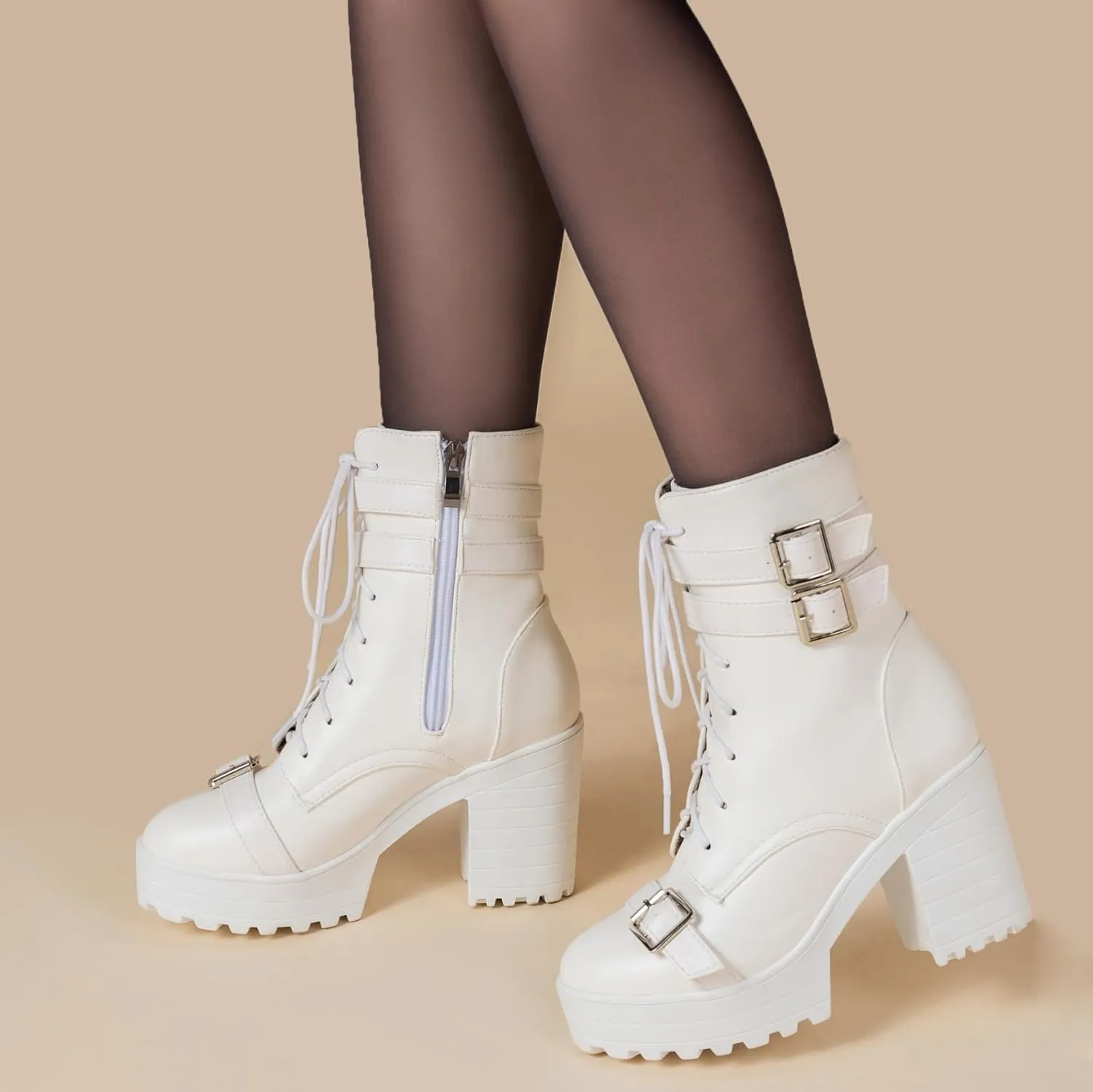 BEAUPAS Women's Gothic Boots Platform Chunky Ankle Boots High Heels Buckle Combat Boots Motorcycle Punk Boots Lace Up Block Heel Booties Round Toe Shoes