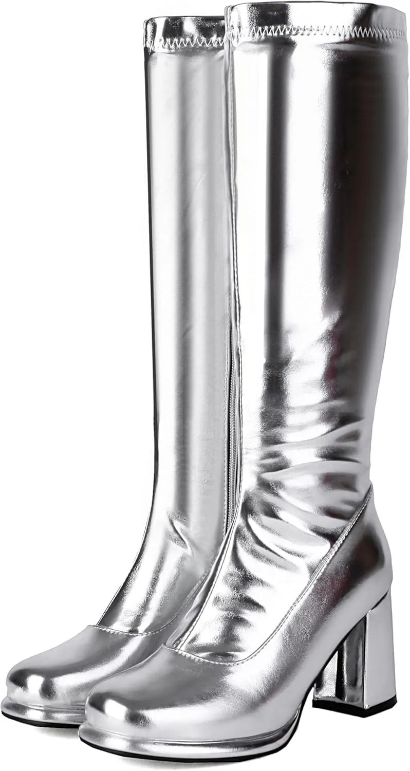 BEAUPAS Women's Platform Knee High Boots Gogo Boots Chunky Block Heeled Round Toe Side Zipper Tall Boots High Heel Long Boots Goth Dress Shoes