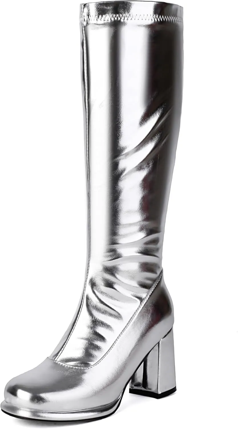 BEAUPAS Women's Platform Knee High Boots Gogo Boots Chunky Block Heeled Round Toe Side Zipper Tall Boots High Heel Long Boots Goth Dress Shoes