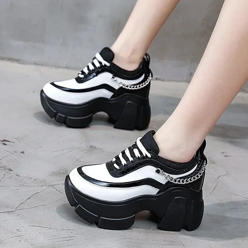 Chic Platform Sneakers with Chain Detail - Black & White