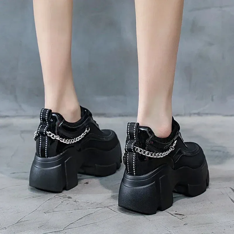 Chic Platform Sneakers with Chain Detail - Black & White