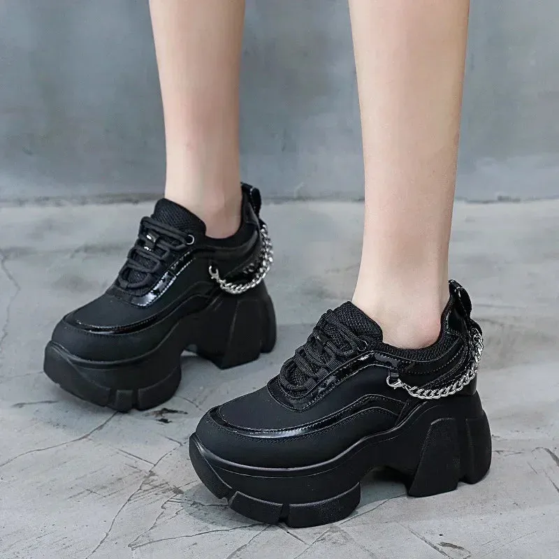 Chic Platform Sneakers with Chain Detail - Black & White