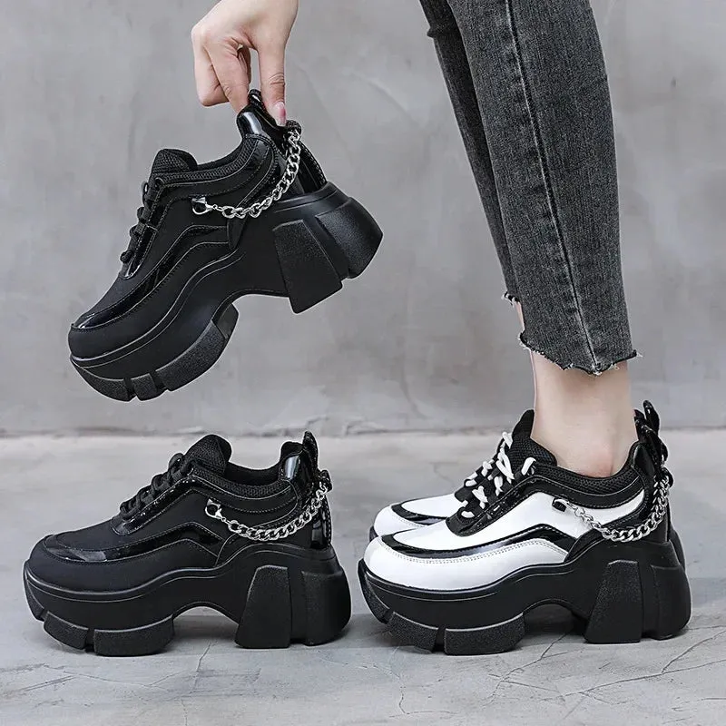 Chic Platform Sneakers with Chain Detail - Black & White