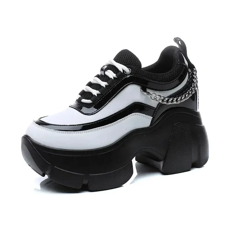 Chic Platform Sneakers with Chain Detail - Black & White