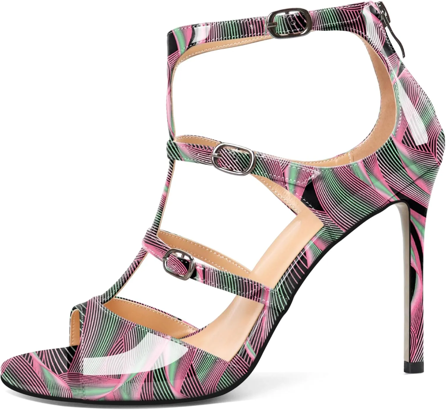 Esvowido Women's High Heel Sandals Open Toe T Strap Heels Stilettos Ankle Strap Pump Shoes Buckle Strappy Heeled with Zipper