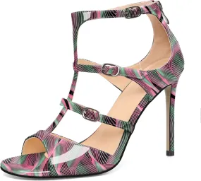 Esvowido Women's High Heel Sandals Open Toe T Strap Heels Stilettos Ankle Strap Pump Shoes Buckle Strappy Heeled with Zipper