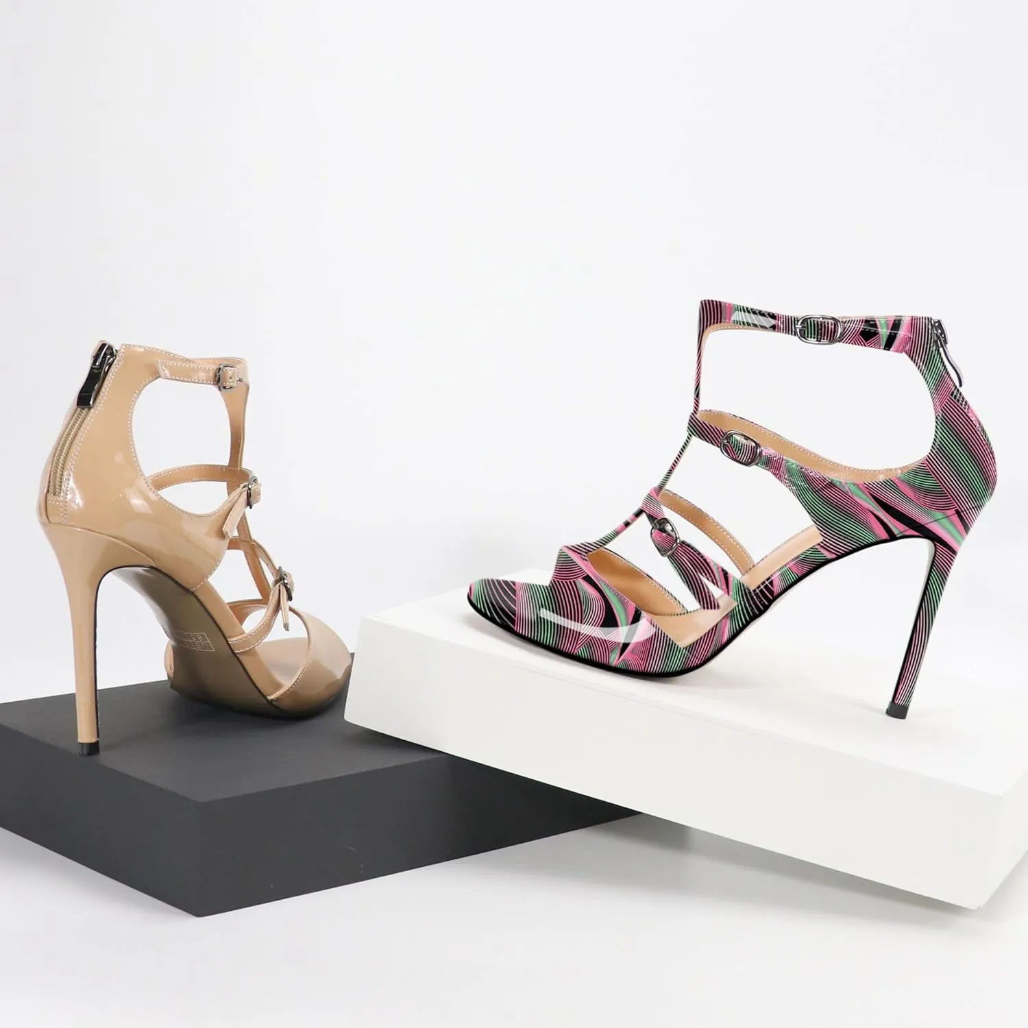 Esvowido Women's High Heel Sandals Open Toe T Strap Heels Stilettos Ankle Strap Pump Shoes Buckle Strappy Heeled with Zipper