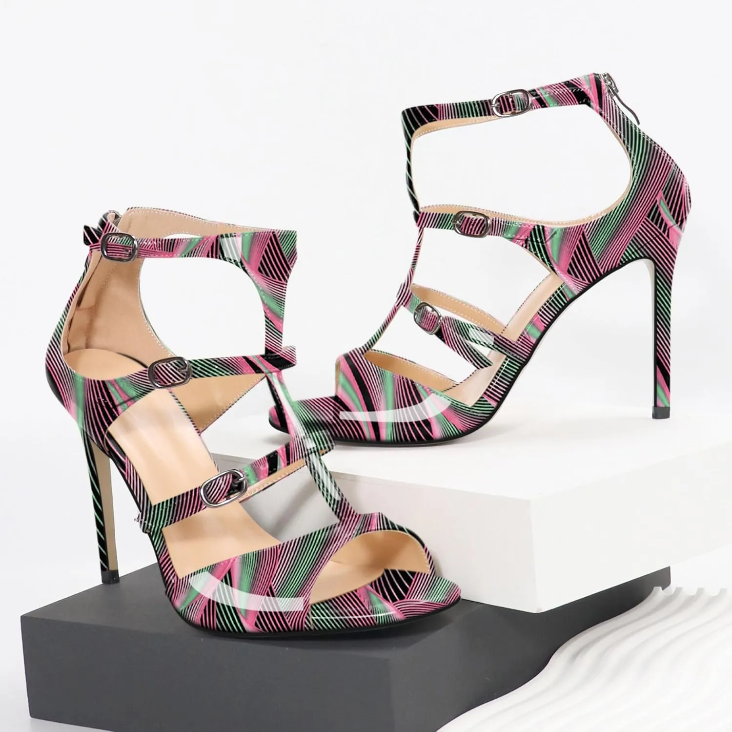 Esvowido Women's High Heel Sandals Open Toe T Strap Heels Stilettos Ankle Strap Pump Shoes Buckle Strappy Heeled with Zipper