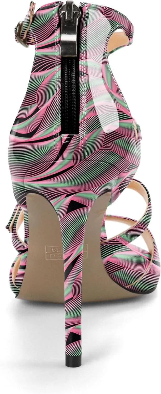 Esvowido Women's High Heel Sandals Open Toe T Strap Heels Stilettos Ankle Strap Pump Shoes Buckle Strappy Heeled with Zipper