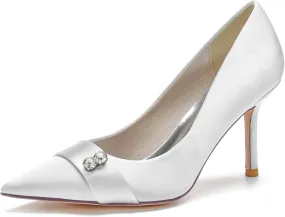 FufoneUS Women's Bridal Shoes Closed Toe 3.35" Stiletto Heel Lace Satin Pumps Evening Wedding Heels,White,8