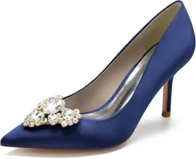 FufoneUS Women's Stiletto High Heel Dress Pumps Pointed Toe Bridal Wedding Evening Prom Shoes with Crystal,Dark Blue,12