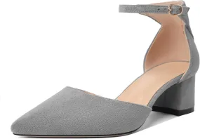 Mettesally Women's Low Block Heels Chunky Heel Closed Pointed Toe D'Orsay Pumps Ankle Strap Heeled Party Dress Shoes