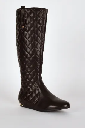 Quilted Metal Heel Detail Flat Calf Boots