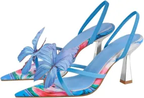 sexytag Kitten Heels Butterfuly Pointed Open Toe Slingback Printed Stiletto Heels Sandals