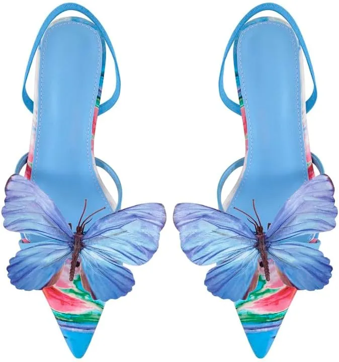 sexytag Kitten Heels Butterfuly Pointed Open Toe Slingback Printed Stiletto Heels Sandals