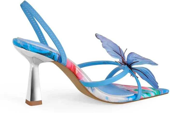 sexytag Kitten Heels Butterfuly Pointed Open Toe Slingback Printed Stiletto Heels Sandals