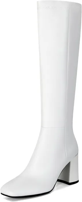 SOVANYOU Women's Faux Leather Tall Boots Fashion Square Toe Chunky Heel Knee High Boots with Side Zip