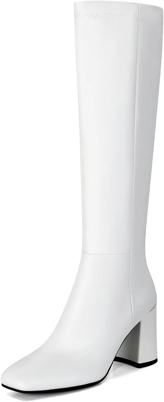 SOVANYOU Women's Faux Leather Tall Boots Fashion Square Toe Chunky Heel Knee High Boots with Side Zip