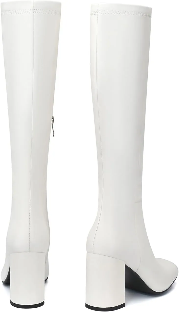 SOVANYOU Women's Faux Leather Tall Boots Fashion Square Toe Chunky Heel Knee High Boots with Side Zip