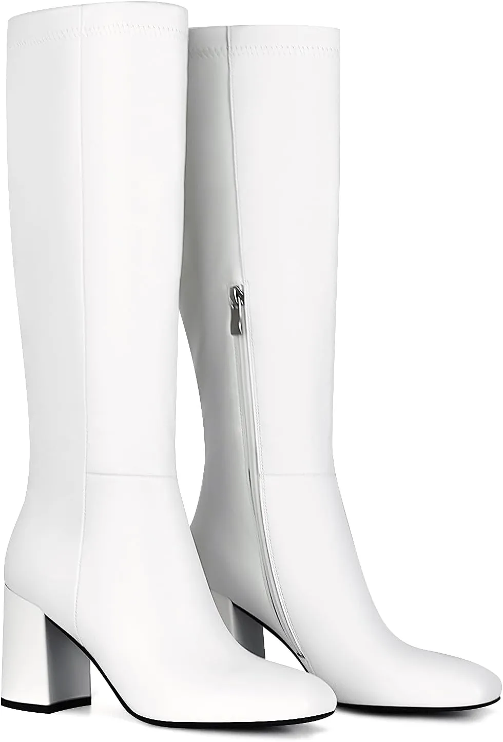 SOVANYOU Women's Faux Leather Tall Boots Fashion Square Toe Chunky Heel Knee High Boots with Side Zip
