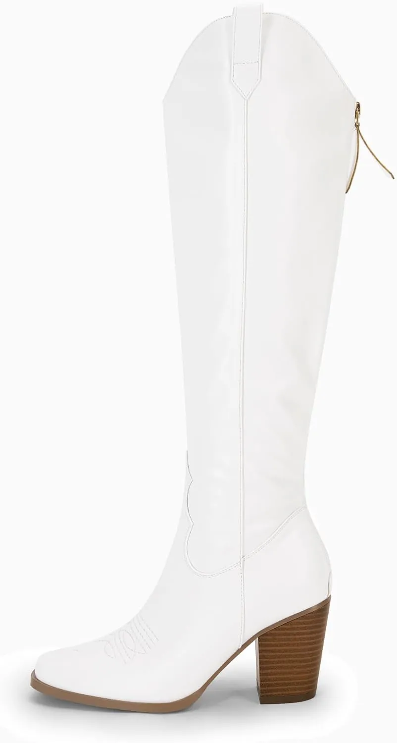 Women Cowboy Knee High Boots Chunky Block Heel Square Toe Tall Riding Boots