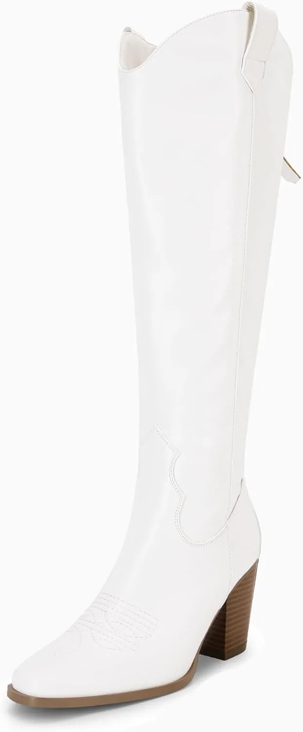 Women Cowboy Knee High Boots Chunky Block Heel Square Toe Tall Riding Boots