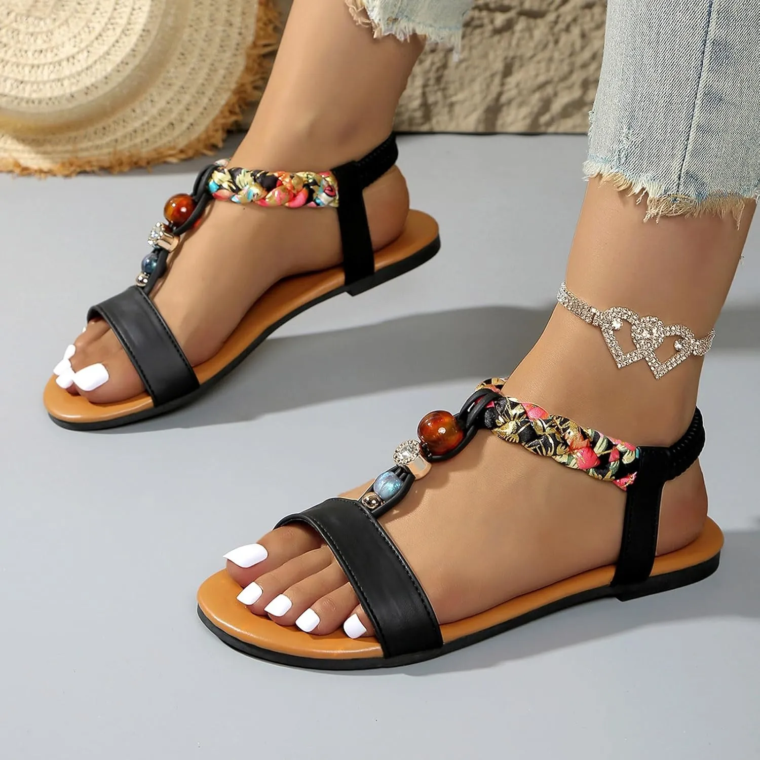Women's Bohemian Flat Sandals Summer Casual Beach Shoes With Rhinestones Elastic Straps Comfortable Slip Sole For