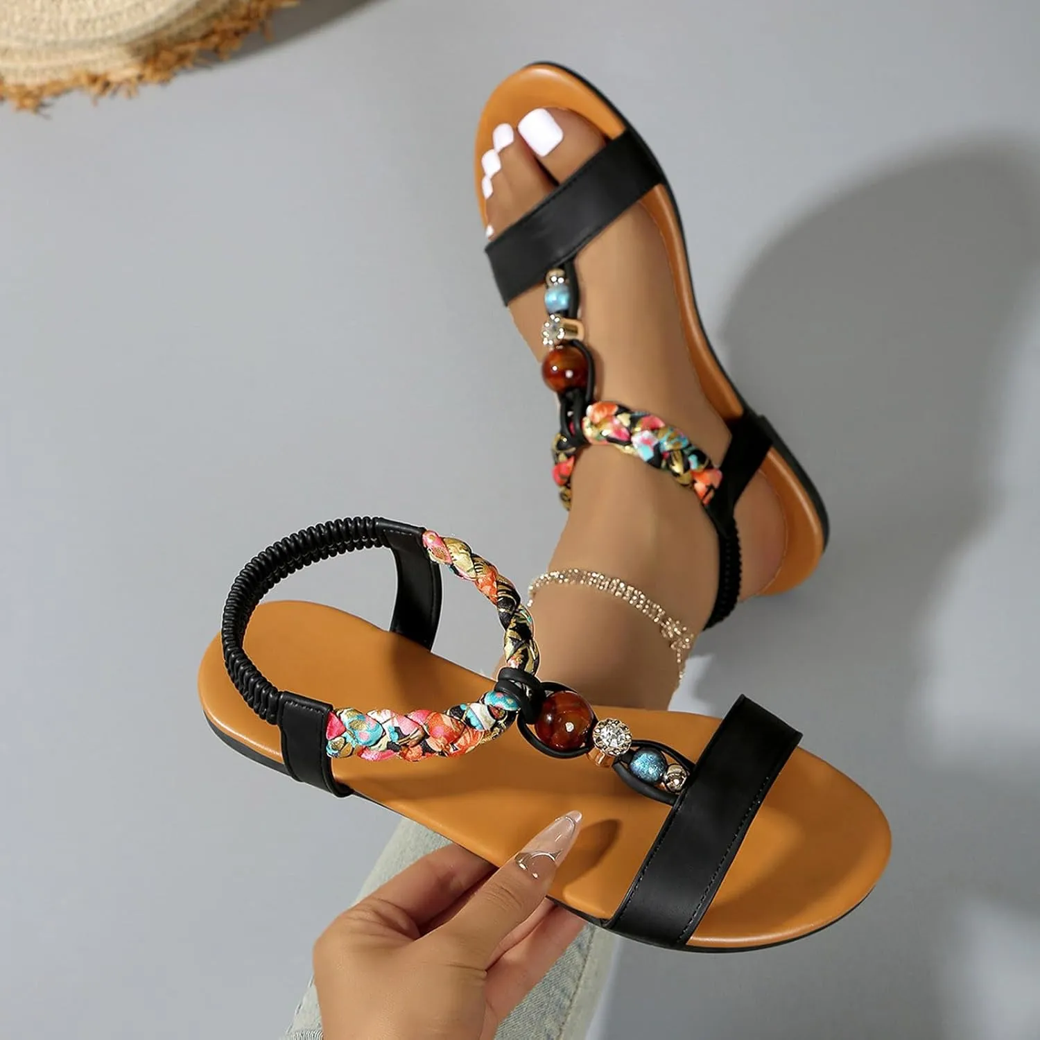Women's Bohemian Flat Sandals Summer Casual Beach Shoes With Rhinestones Elastic Straps Comfortable Slip Sole For