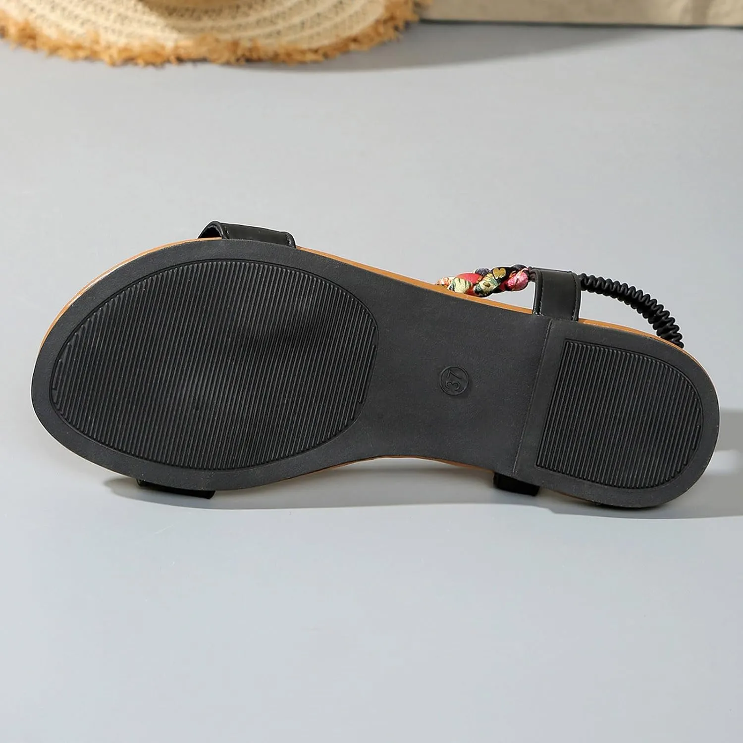 Women's Bohemian Flat Sandals Summer Casual Beach Shoes With Rhinestones Elastic Straps Comfortable Slip Sole For