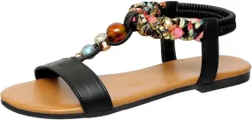 Women's Bohemian Flat Sandals Summer Casual Beach Shoes With Rhinestones Elastic Straps Comfortable Slip Sole For