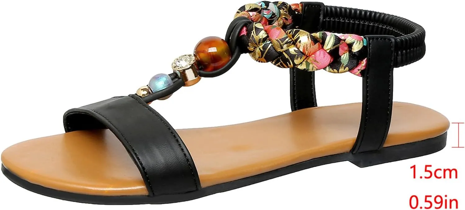 Women's Bohemian Flat Sandals Summer Casual Beach Shoes With Rhinestones Elastic Straps Comfortable Slip Sole For