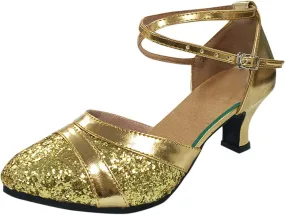 Womens Mid Heel Sandals Latin Dance Shoes Low Heels Tango Ballroom Shoes Ankle Strap Sandals Wedding Heels for Bride