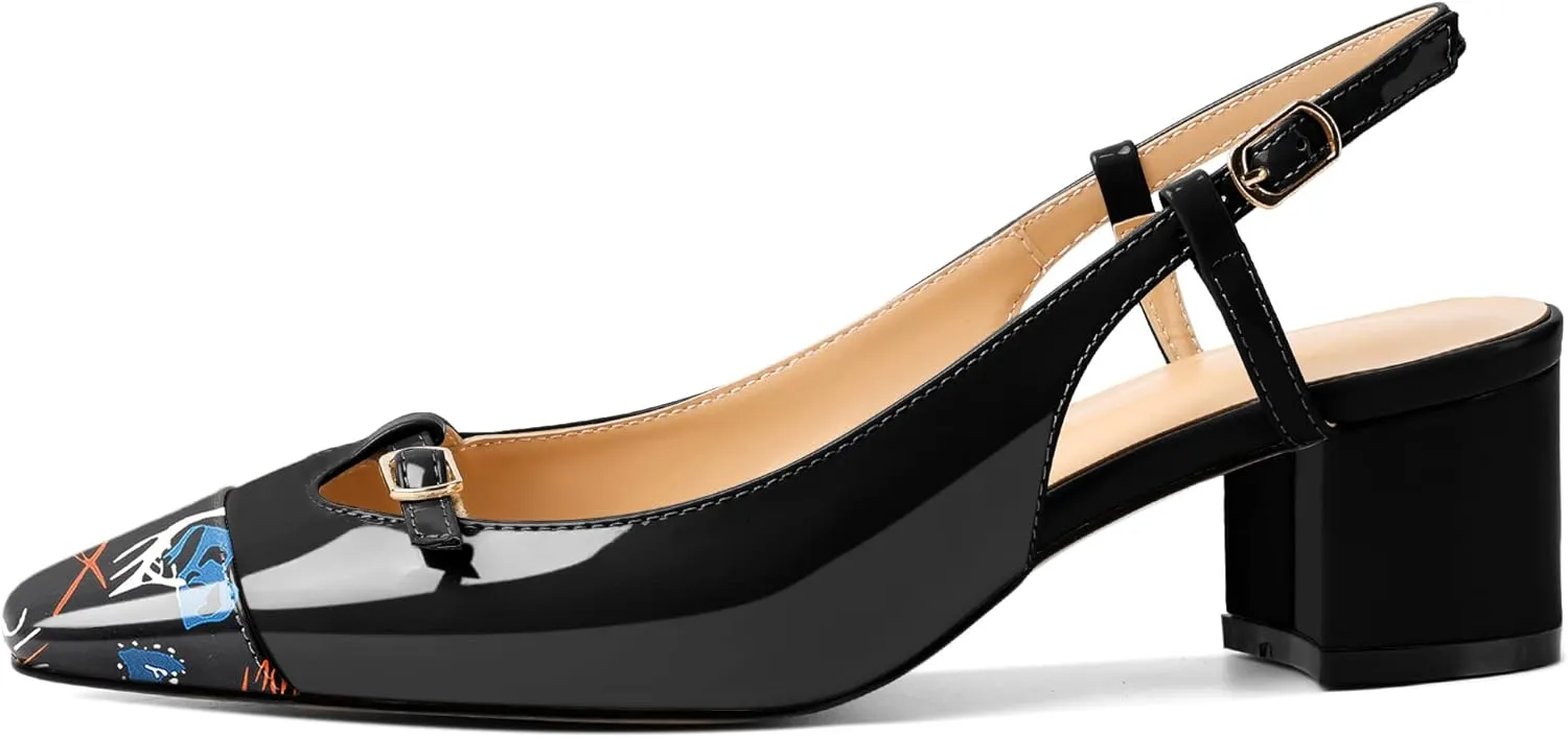 Zamikoo Women's Slingback Heels, Square Toe Low Block Heels with Adjustable Buckle, 2 Inches Multicolor Heels, Dress Shoes for Ladies Office Wedding Work Evening